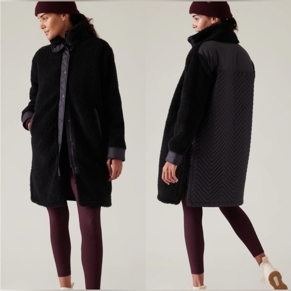 Athleta Black Cozy Sherpa Zip-Up Mid-length Teddy Coat